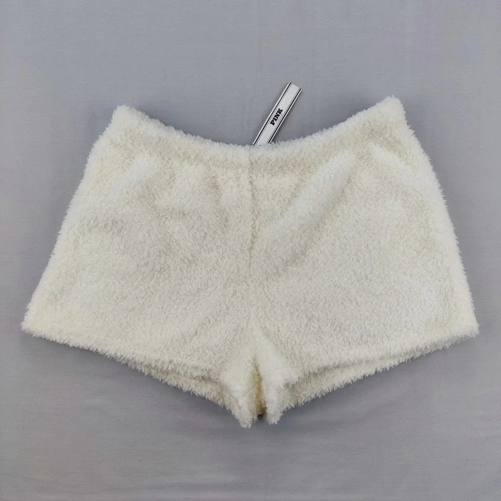 PINK Lounge Shorts Womens S White Faux Fur Fuzzy Sleep Pajama Cozy Plush Soft